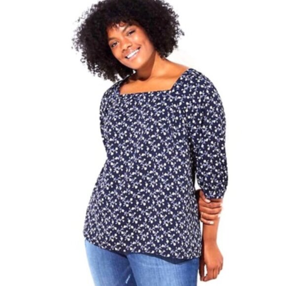 LOFT Navy Vine Print Square Neck Blouse Size L - Picture 1 of 7